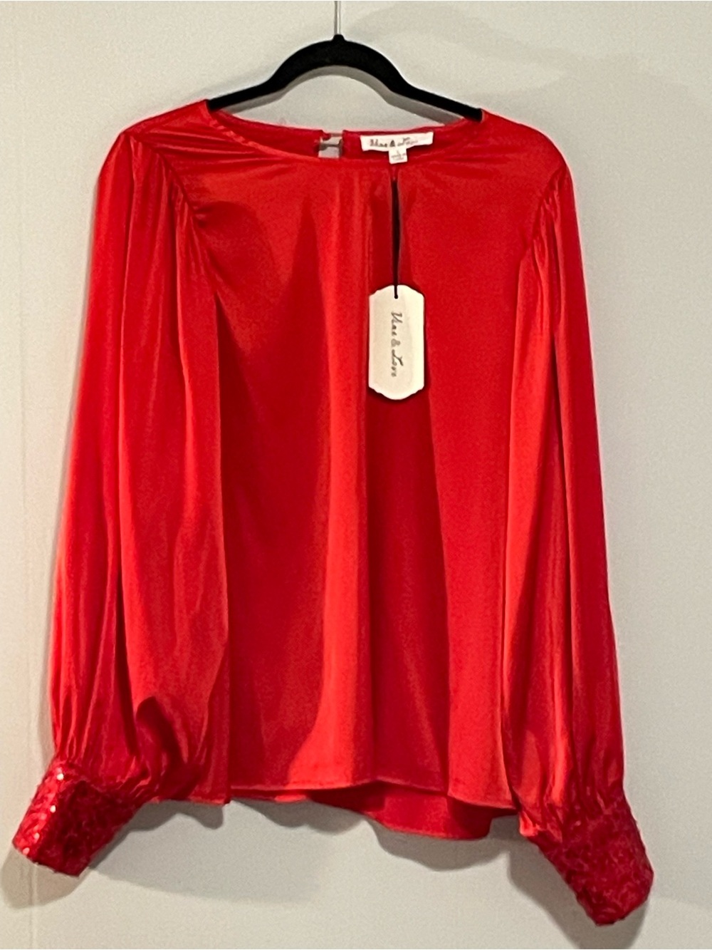 Vine & Love Red Satin Long-Sleeve Blouse with Sequin Cuffs. Item # 11499